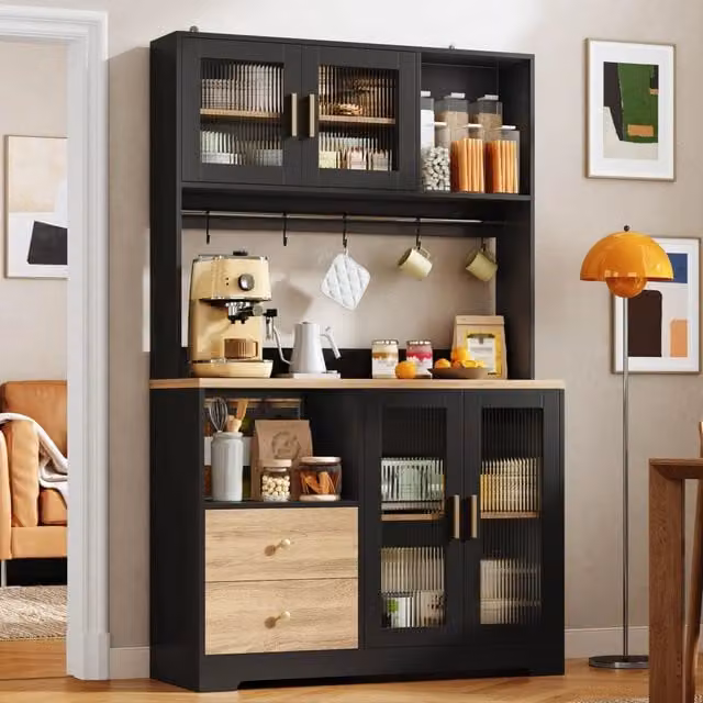 Mobile colonna da cucina con 4 ante in vetro temperato LED RGB prese USB MDF nero 110 × 40 × 178 cm