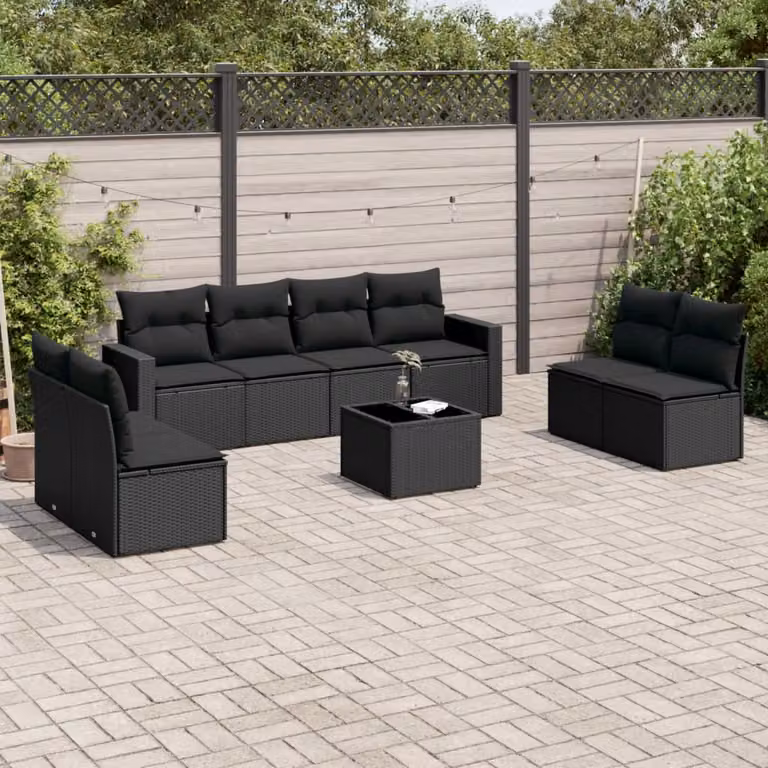 Set di divani da giardino vidaXL in polyrattan nero con cuscini, tavolino e sedute componibili a forma di U