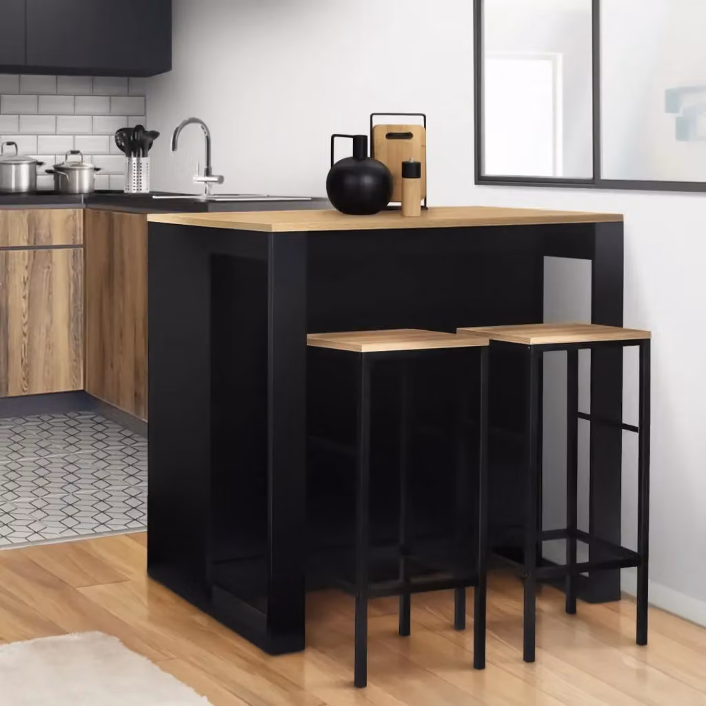 Set di tavoli da bar a isola JUNO IDMarket in legno nero con piano in faggio e 2 sgabelli DETROIT beige stile industrial – 2
