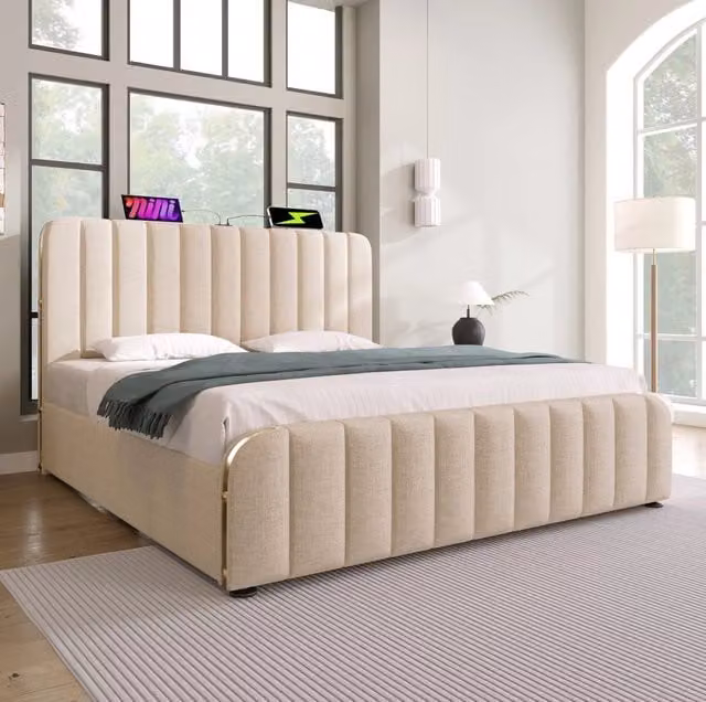 Letto matrimoniale contenitore ULEVR 140x200 cm con materasso H3, USB e USB-C, rivestimento in lino beige