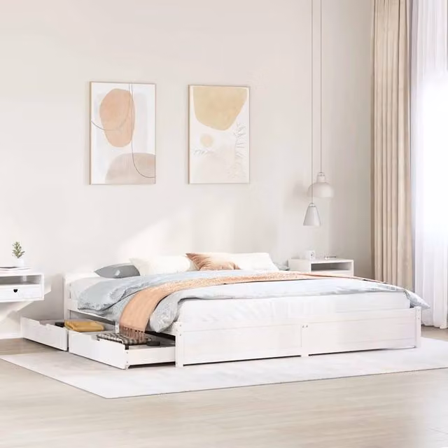 vidaXL Letto in Legno Massello di Pino Bianco con Cassetti L/P/H: 160 x 200 x 100 cm