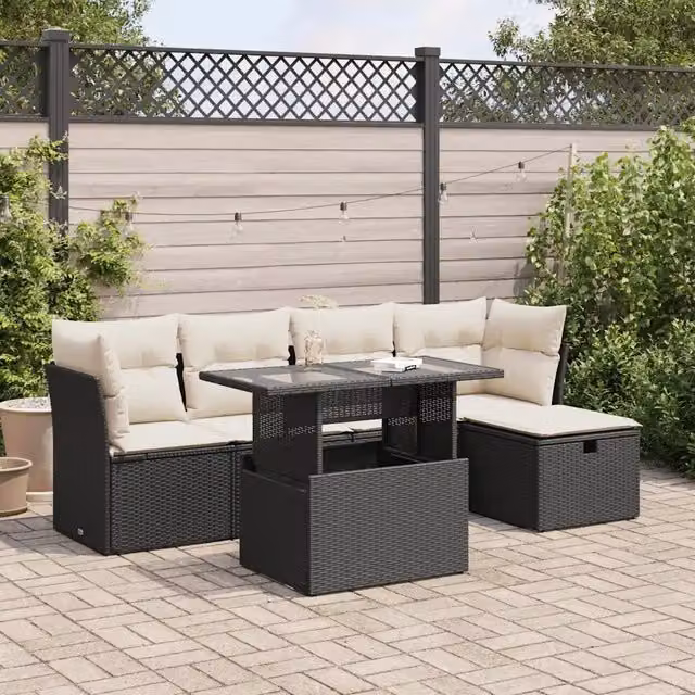 Set Divano da Giardino 6 pz con Cuscini Nero in Polyrattan 3327766