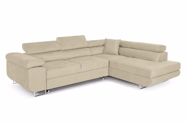 Divano angolare con funzione letto PASTI a L, divano con box letto, divano angolare, divano letto, divano con funzione letto beige pouf a destra