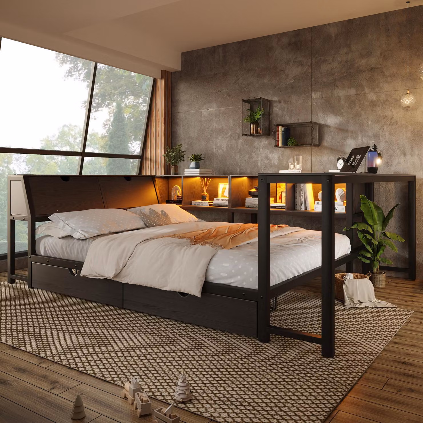 Letto multifunzione 140x200 cm con testiera contenitore, illuminazione LED multicolore, scrivania integrata e 2 cassetti, realizzato in MDF e metallo, colore nero
