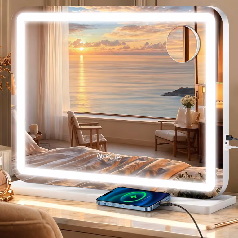 Specchio da trucco a LED, dimmerabile, 100x75 cm, con 3 modalità di illuminazione, colore bianco