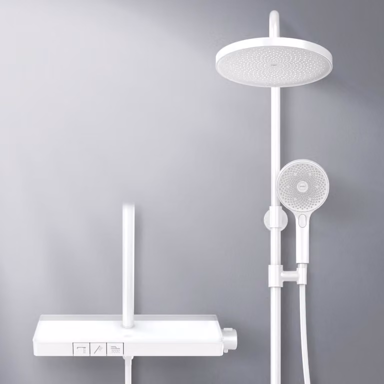 Sistema doccia EMKE con termostato 38℃ - set di rubinetteria per doccia in acciaio inox, doccetta a 3 getti, pannello doccia, doccia a pioggia, rubinetteria per vasca e doccia, bianco F22