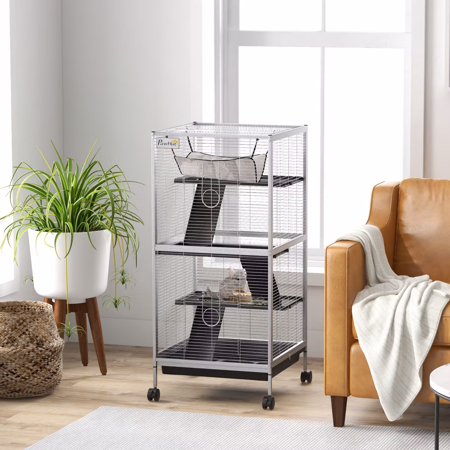 Gabbia PawHut per Porcellini d'India e Cincillà in Acciaio con 3 Piani, Ruote e Vassoio Rimovibile, H x L x P: 113.5 x 52 x 52 cm, Grigio Chiaro – 2