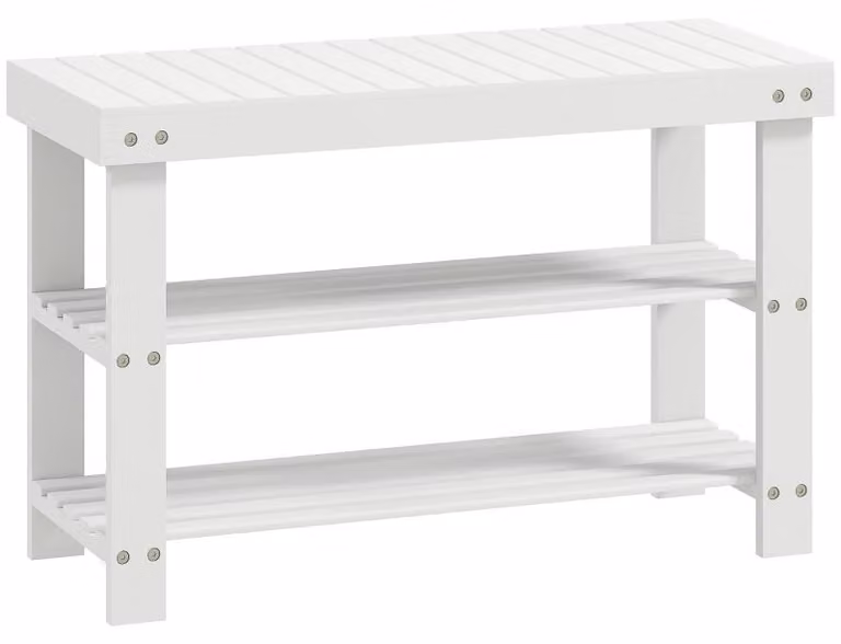 Mobiletto porta scarpe Moonbite da 70 cm in bambù, con 2 ripiani per 6 paia di scarpe, seduta resistente fino a 130 kg, 5 cm di spazio libero dal pavimento, bambù, bianco