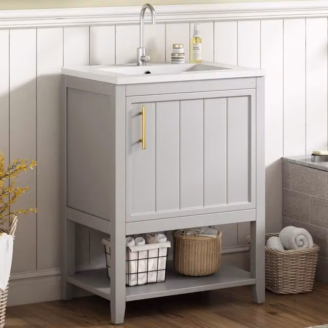 Mobile bagno lavabo singolo 60 cm con sottolavabo, lavabo in ceramica e ripiano, grigio chiaro