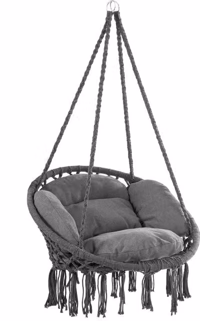 Poltrona sospesa DETEX in stile boho con struttura in acciaio antracite e cuscini inclusi L/P/H: 80 x 60 x 140 cm