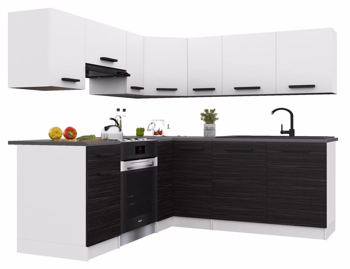 Belini - Angolo cottura moderno ITALIA 6 - Mobili da cucina 360 cm bianco-ebano - Cucina componibile con pensili, mobili base e piani di lavoro