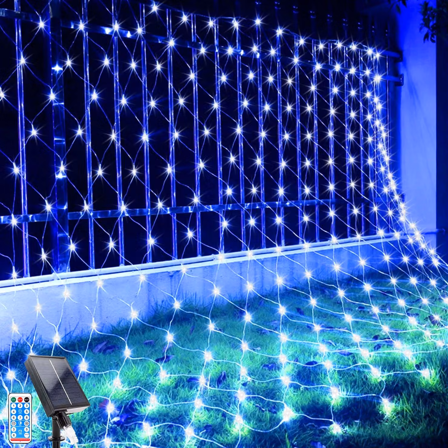 Catena luminosa a energia solare, 1,5 x 1,5 metri, 96 LED, 8 modalità, impermeabile