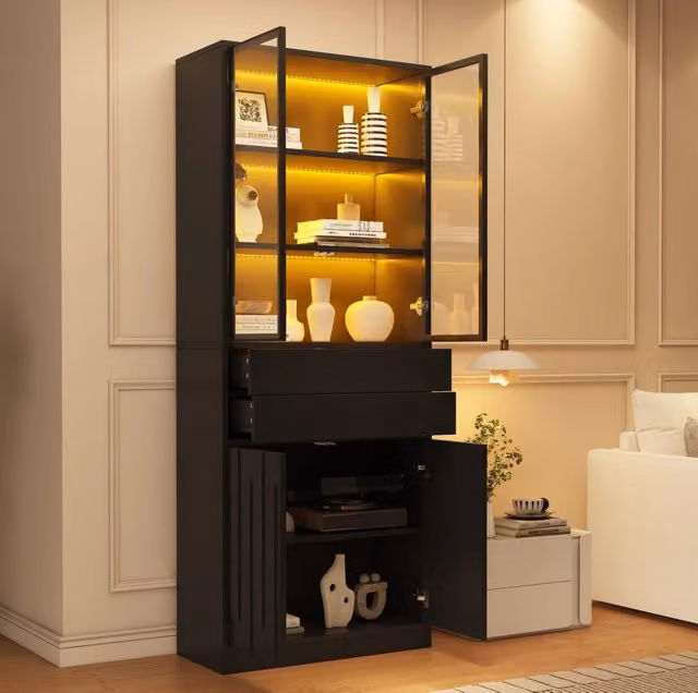 Vetrina alta con LED e 2 cassetti 70x34x180 cm in truciolare e vetro temperato; nero