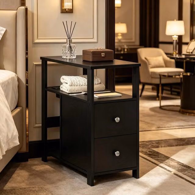 Tavolino da divano stretto con presa 2 AC e 2 USB 2 cassetti ripiani aperti legno nero 60 × 60 × 30 cm
