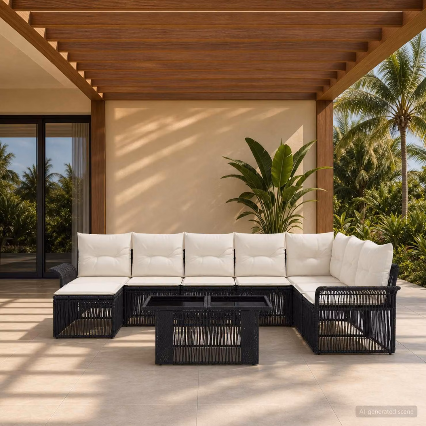 Set Divano da Giardino vidaXL in Polyrattan 9 Pezzi Nero e Bianco Crema con Cuscini e Tavolino