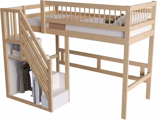 Letto singolo rialzato REDOM in legno massiccio con scala contenitore e scomparti laterali, colore marrone, L/P/H: 200 x 90 x 173 cm – 1