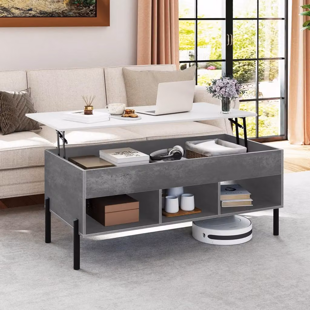 Tavolino da salotto sollevabile con scomparti e gambe in metallo, Tavolino funzionale per soggiorno, camera o ufficio, L: 100 cm, P: 50 cm, H: 45-59,5 cm, Grigio – 2