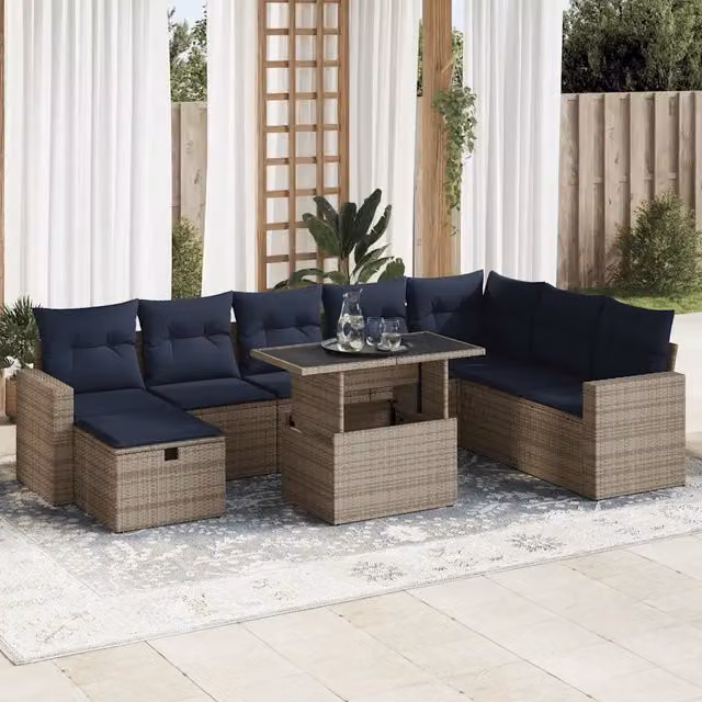 Set Divani Giardino 9 pz con Cuscini Grigio Polyrattan 3327841