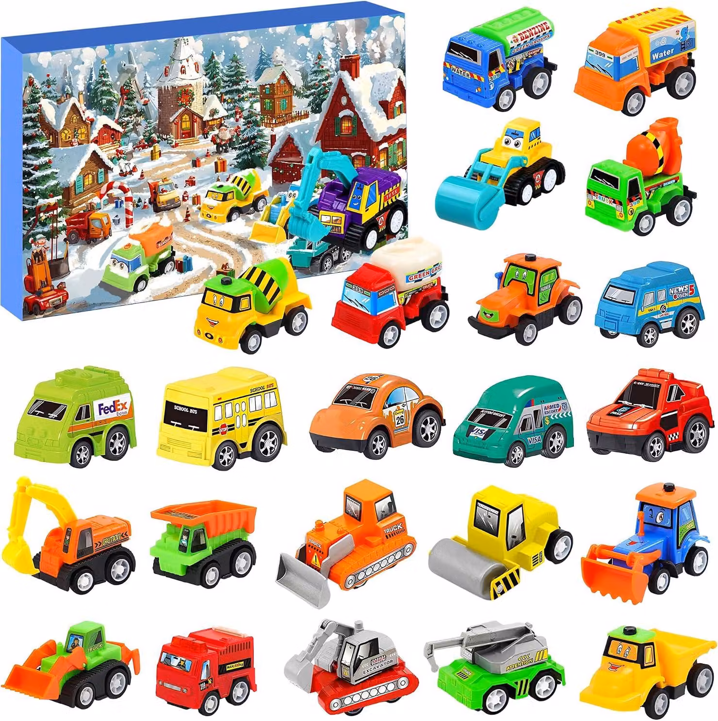 Calendario dell'Avvento a tema auto - 24 piccoli veicoli giocattolo - Calendario natalizio per bambini dai 3 anni in su