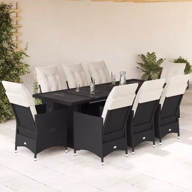 Set Bistrò da Giardino vidaXL 9 Pezzi in Polyrattan Nero con Piano in Vetro e Cuscini – 1