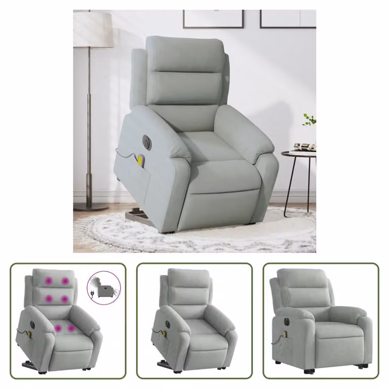 The Living Store Sedia massaggiante con supporto in piedi elettrica in velluto grigio chiaro