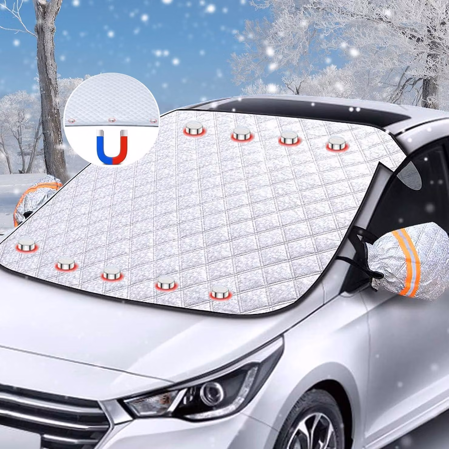 Parabrezza auto a protezione solare con magneti e strisce riflettenti