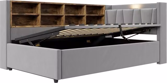 Letto imbottito multifunzione 90x200 cm con contenitore idraulico, lucetta, porte USB e Type-C, testiera imbottita in velluto grigio chiaro