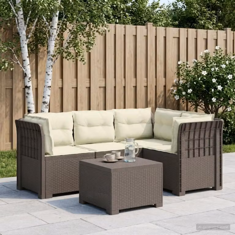 Set da giardino angolo vidaXL con divano a L, tavolino e cuscini in polyrattan, grigio o beige