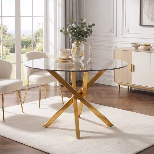 Tavolo da pranzo rotondo 80x80 cm in vetro temperato con gambe color oro
