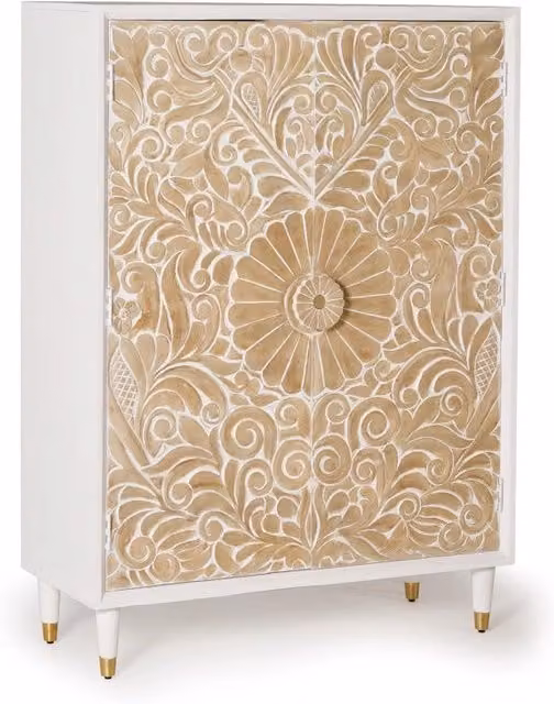 Armadio a 2 ante Giner y Colomer in legno di mango con scaffali interni, stile rustico floreale, bianco e marrone, L: 140 cm, P: 40 cm, H: 140 cm