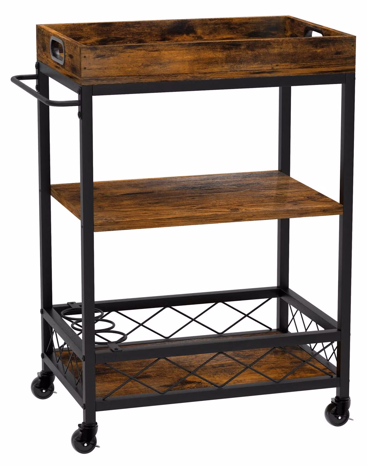 Carrello da cucina - Carrello di servizio con rotelle - 3 ripiani - Portabottiglie - Portabicchieri - Stile industriale - Contenitore - Nero