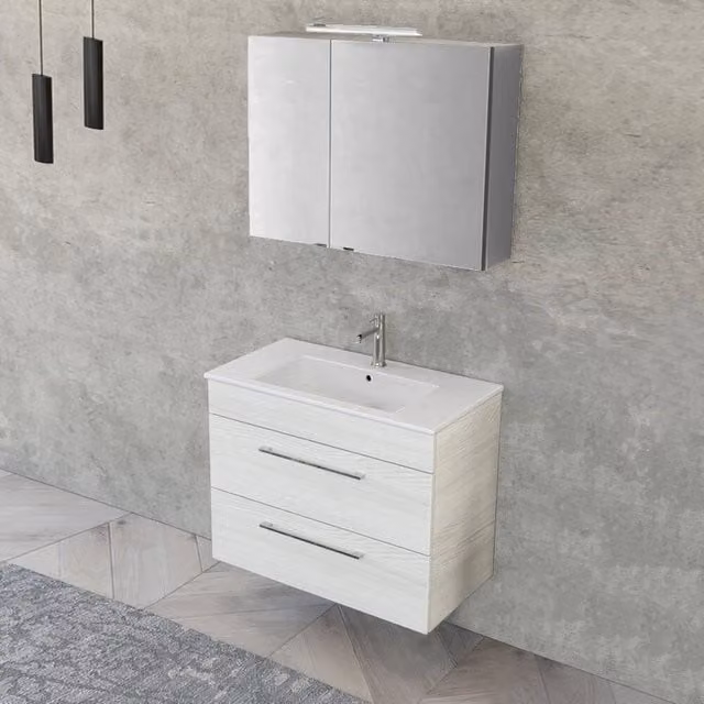 Mobile bagno sospeso Smart INBAGNO bianco e legno con specchio contenitore e illuminazione LED L: 80 cm, P: 43 cm, H: 62 cm – 1