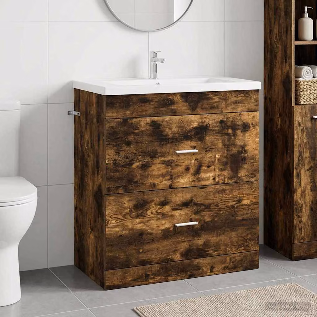 Mobiletto da bagno sottolavabo vidaXL in legno Rovere Fumo con cassetti, L: 78,5 cm, P: 37,5 cm, H: 81 cm