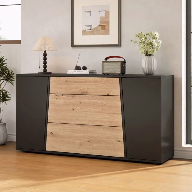 Credenza 140x35x70 cm con 2 ante e 3 cassetti in MDF e truciolare nero e naturale