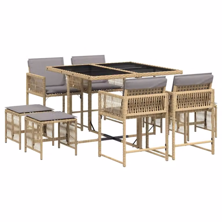 Set Pranzo da Giardino 9 pz con Cuscini Beige Misto Polyrattan