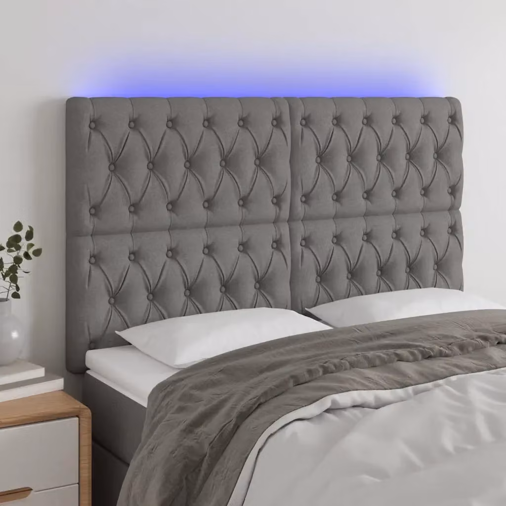Testata del letto con illuminazione LED e porta di ricarica USB in tessuto grigio, design moderno, L: 144 cm, P: 7 cm, H: 118-128 cm – 2
