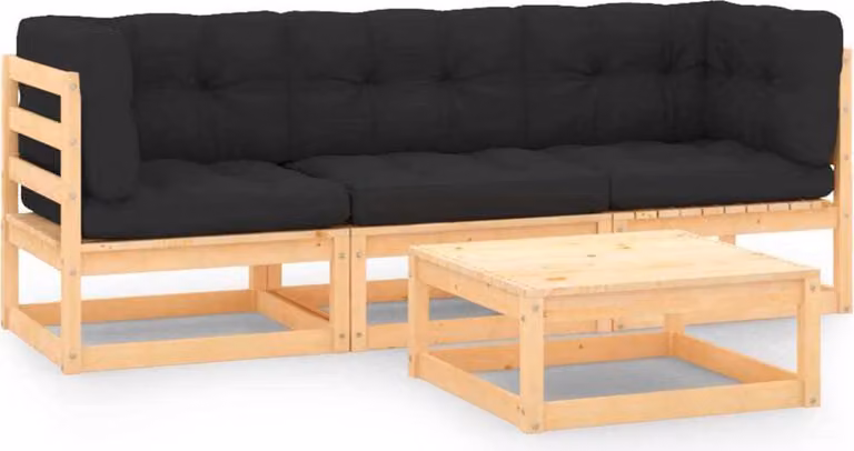 The Living Store Set da giardino 4 pezzi con cuscini in legno di pino massiccio
