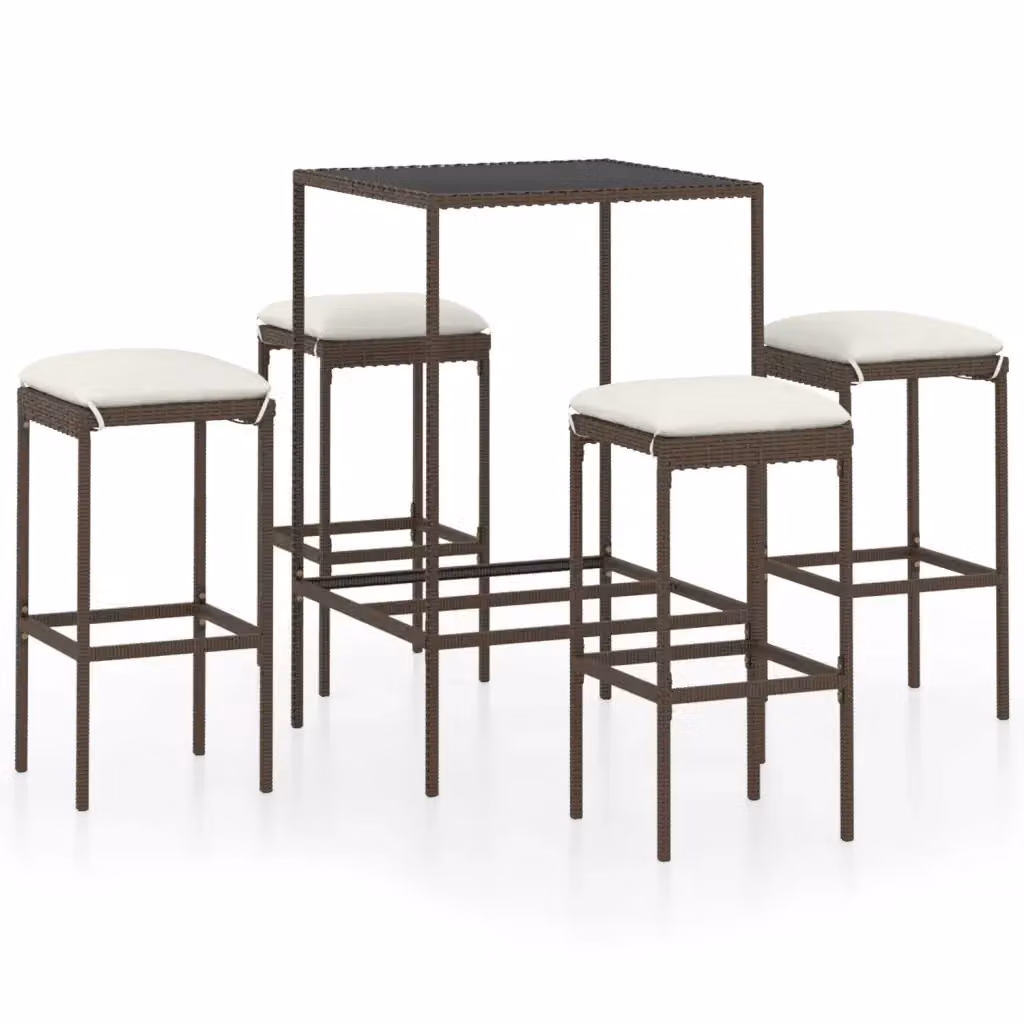 Set da Bar da Giardino vidaXL in Polyrattan e Metallo con Piano in Vetro, Marrone e Bianco – 2