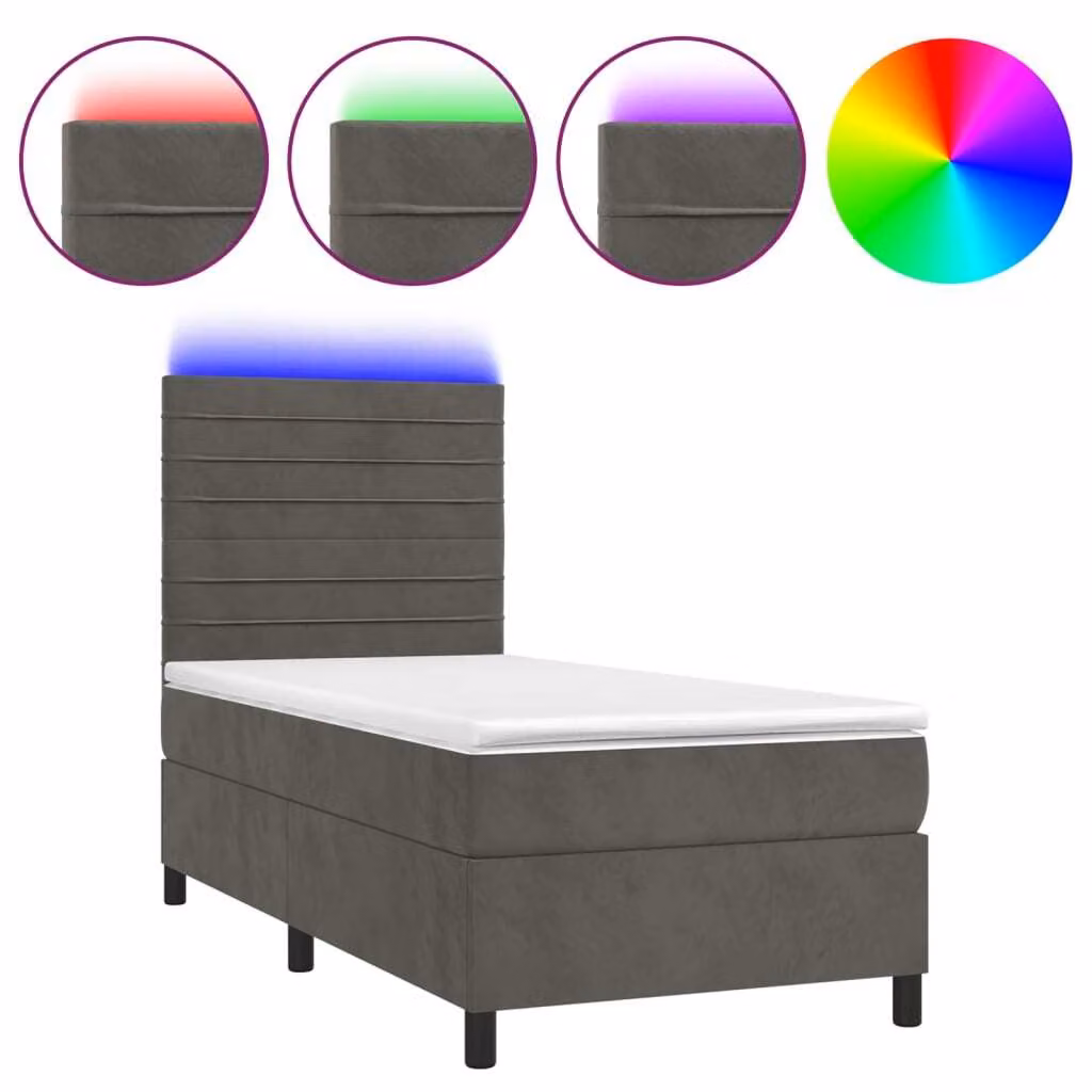 Letto a Molle con Materasso e LED Grigio Scuro 90x190cm Velluto