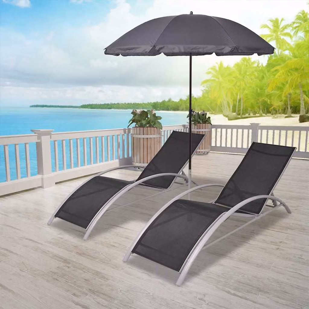 vidaXL Lettini Prendisole con Ombrellone in Alluminio Nero e Tessilene – 1