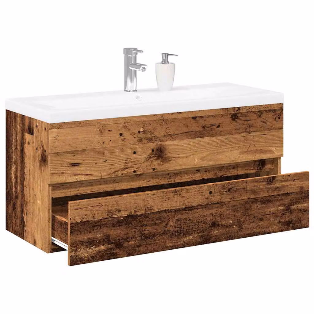 Mobile con Lavabo Integrato vidaXL in Legno Antico con Cassetti e Ante, Bianco e Marrone