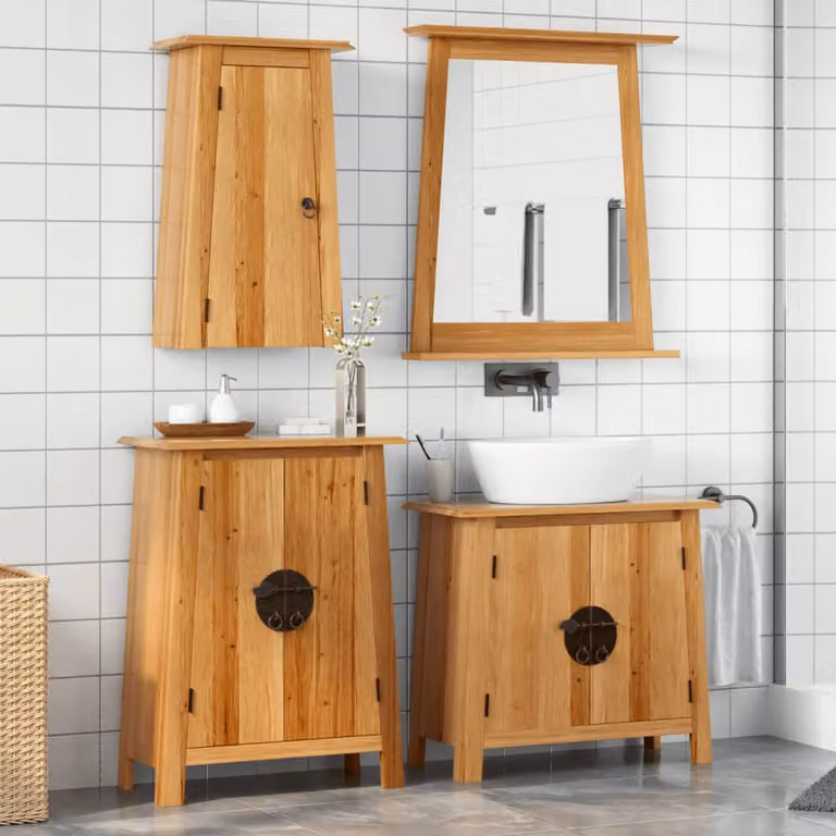 Set di mobili da bagno vidaXL in legno di pino marrone stile vintage composto da mobile lavabo, pensile e mobile laterale