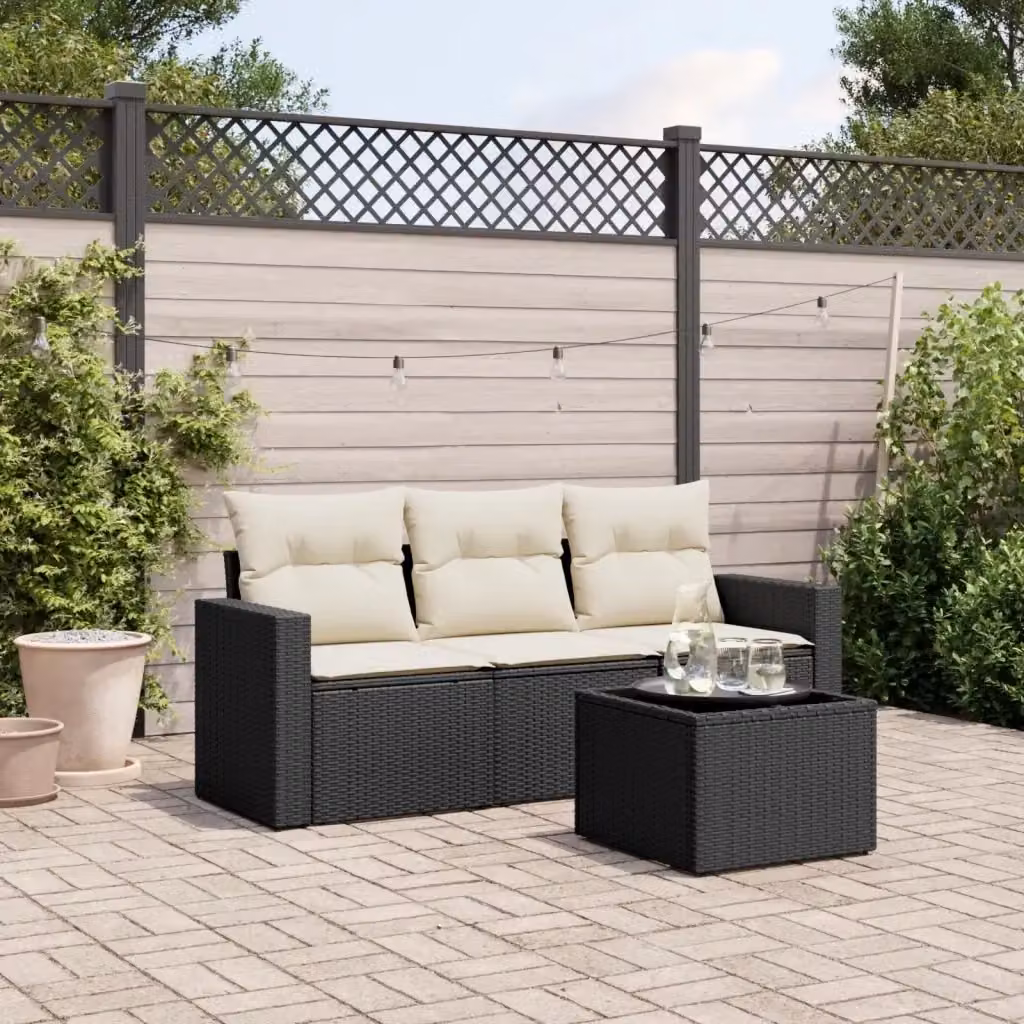 Set Salotto da Giardino 4 Pezzi in Polyrattan Nero con Cuscini e Tavolino DESIGN IN – 2