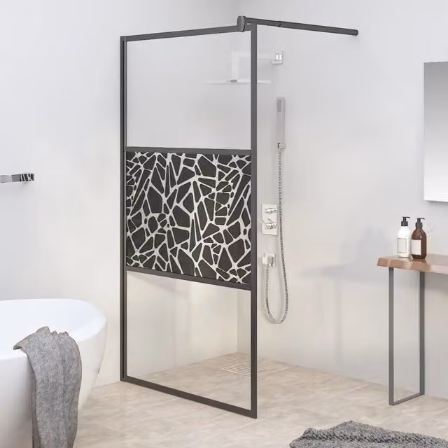 Parete Doccia Walk In vidaXL con Vetro Decorato Design Pietre e Profilo Nero L: 115 cm, H: 195 cm – 1