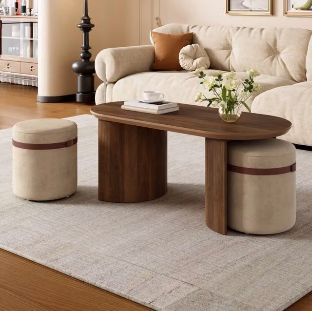 Set tavolino da salotto ovale con 2 pouf imbottiti in MDF e legno di pino, tavolino caffè moderno colore noce