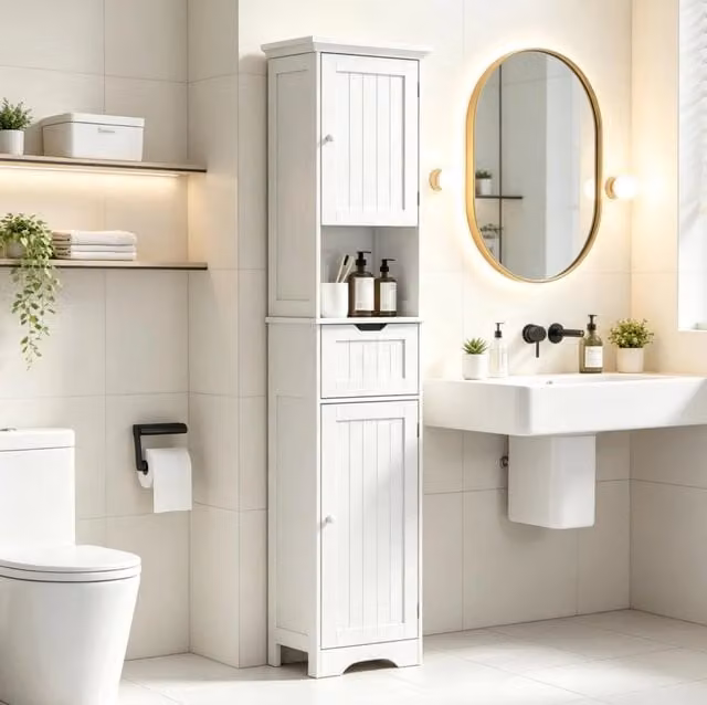 Colonna bagno ULEVR 40x30x170 cm con LED a sensore, cassetto, 2 ante e ripiano regolabile, bianca in MDF