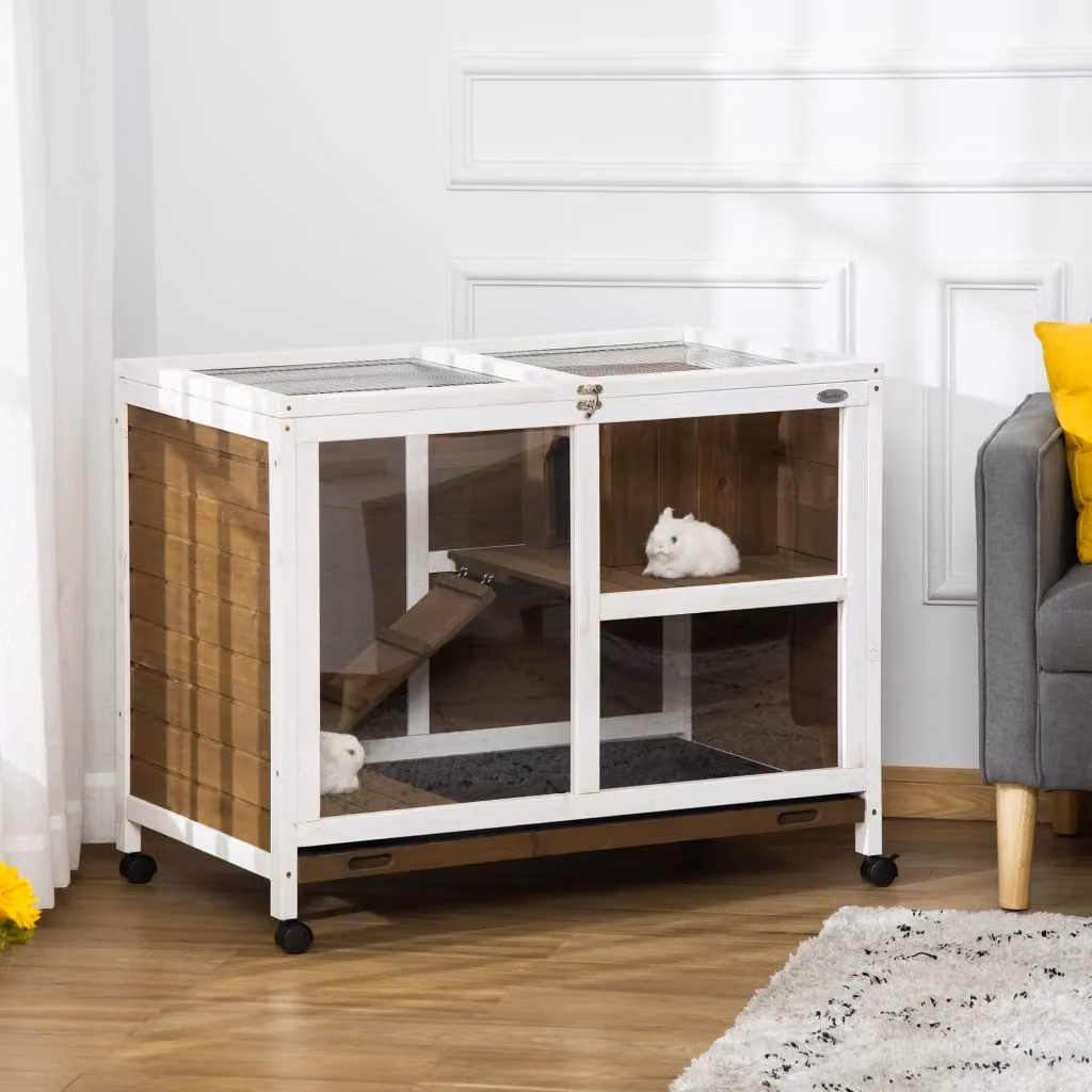 Conigliera Giordanoshop a 2 Livelli in Legno di Abete Marrone e Bianco con Casetta, Rampa e Vassoio Estraibile, L 91,5 cm x P 53,3 cm x H 73 cm – 2