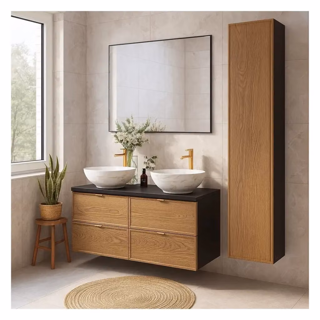 Set da bagno SAVIA Meublorama composto da mobile sottolavabo, lavabo da appoggio effetto marmo e colonna contenitore – 2