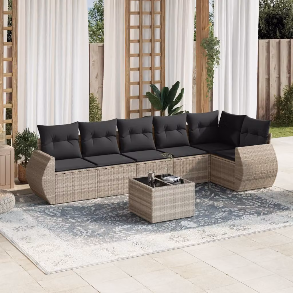 vidaXL Set Divani da Giardino 7pz a Forma di L in Polyrattan Grigio con Cuscini e Tavolino – 1