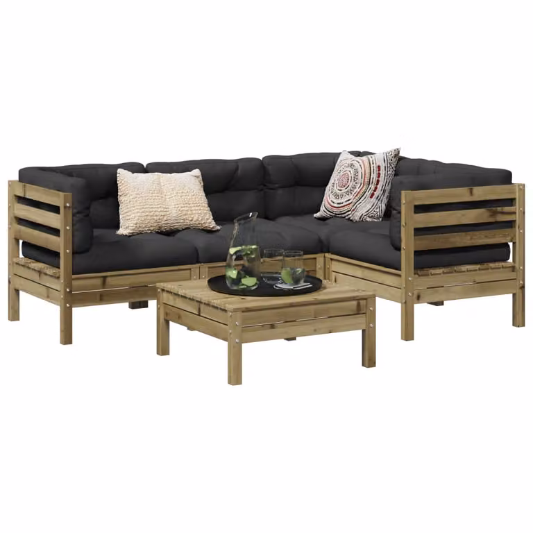 Set di divani da giardino vidaXL 5 pezzi in legno di pino trattato con cuscini in tessuto antracite, marrone e grigio